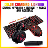 4-in-1 Gaming Combo - Rainbow Backlit Gaming Keyboard + 2400 DPI Gaming Mouse + Mouse Pad + Headset for Laptops, Desktops