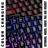 4-in-1 Gaming Combo - Rainbow Backlit Gaming Keyboard + 2400 DPI Gaming Mouse + Mouse Pad + Headset for Laptops, Desktops