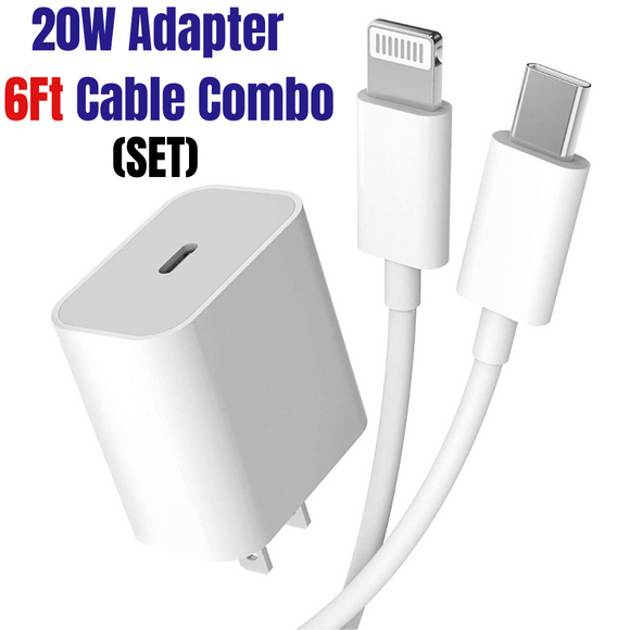 Wholesale 20 Set Apple iPad iPhone 20W USB-C Power Adapter Charger + 6 FT USB-C to Lightning Cable