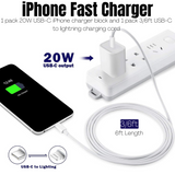 Apple iPad iPhone 20W USB-C Power Adapter Charger + 3 FT, 6 FT USB-C to Lightning Cable
